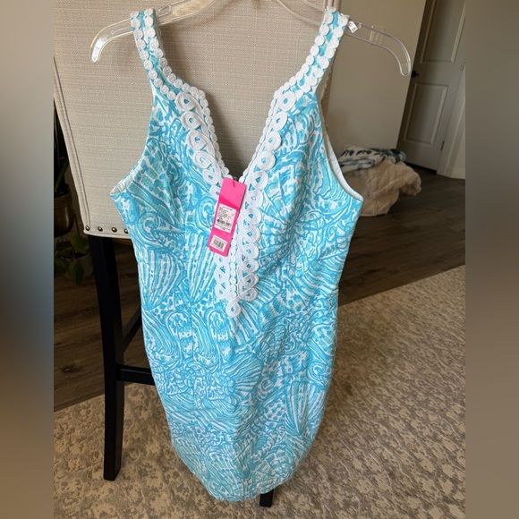 NWT Lilly Pulitzer Valli Stretch Sleeveless Shift Cotton Dress, Aqua Blue, 6 - Picture 2 of 7